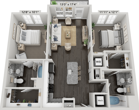 Floor plan for 2 beds, 2 baths, 1043 sqft