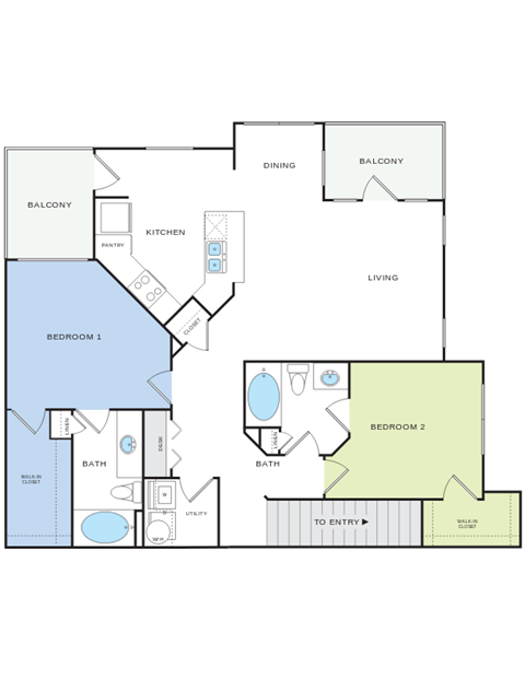 Floor plan for 2 beds, 2 baths, 1281 sqft