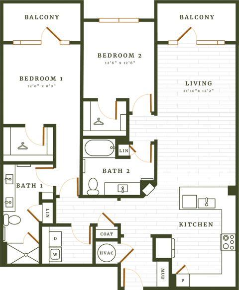 Floor plan for 2 beds, 2 baths, 1490 sqft