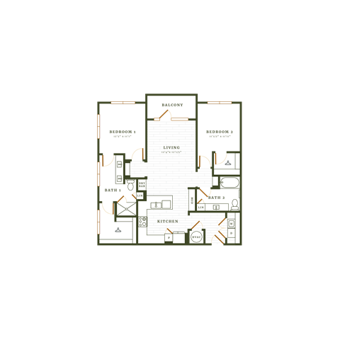 Floor plan for 2 beds, 2 baths, 1212 sqft