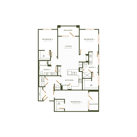 Floor plan for 3 beds, 2 baths, 1598 sqft