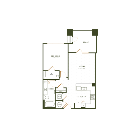 Floor plan for 1 bed, 1 bath, 748 sqft