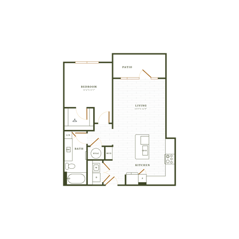 Floor plan for 1 bed, 1 bath, 800 sqft
