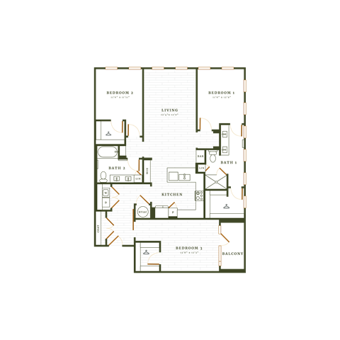 Floor plan for 3 beds, 2 baths, 1586 sqft