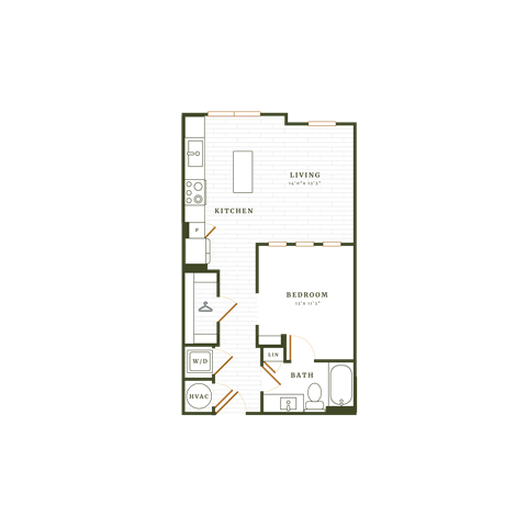 Floor plan for 1 bed, 1 bath, 682 sqft