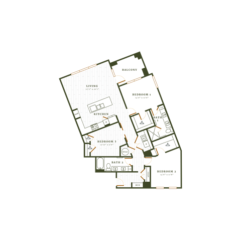 Floor plan for 3 beds, 2 baths, 1600 sqft