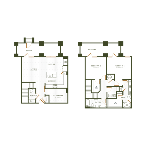 Floor plan for 2 beds, 2.5 baths, 1736 sqft