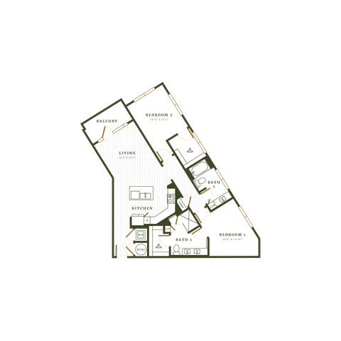 Floor plan for 2 beds, 2 baths, 1200 sqft