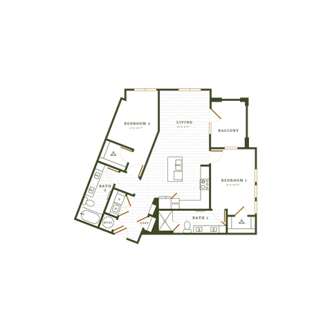 Floor plan for 2 beds, 2 baths, 1183 sqft