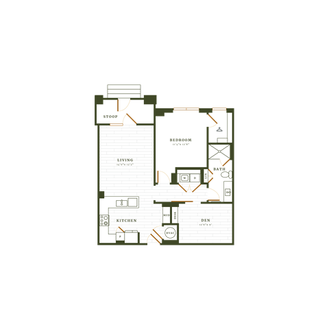 Floor plan for 1 bed, 1 bath, 985 sqft