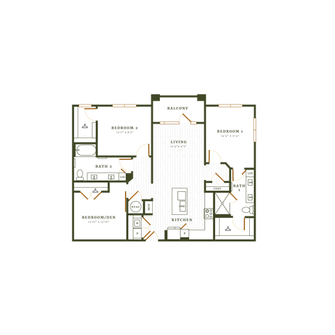 Floor plan for 3 beds, 2 baths, 1362 sqft