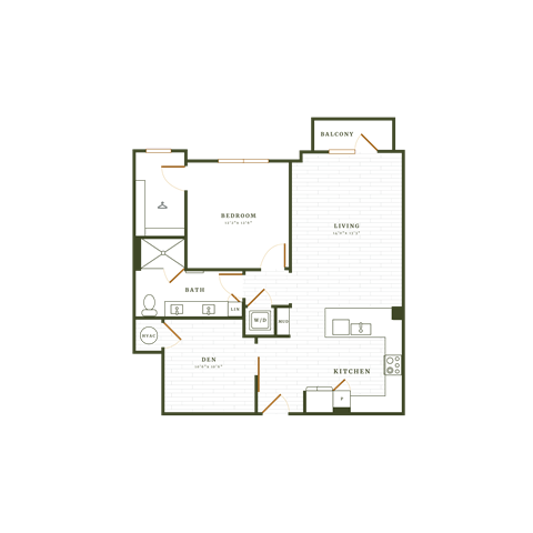 Floor plan for 1 bed, 1 bath, 974 sqft
