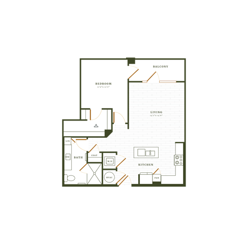 Floor plan for 1 bed, 1 bath, 880 sqft