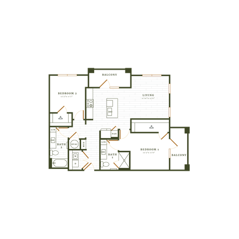 Floor plan for 2 beds, 2 baths, 1118 sqft