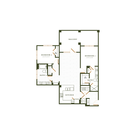 Floor plan for 2 beds, 2 baths, 1295 sqft