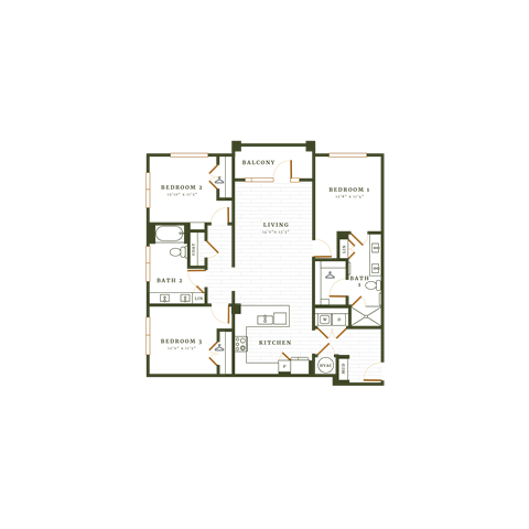 Floor plan for 3 beds, 2 baths, 1467 sqft