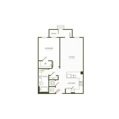 Floor plan for 1 bed, 1 bath, 798 sqft