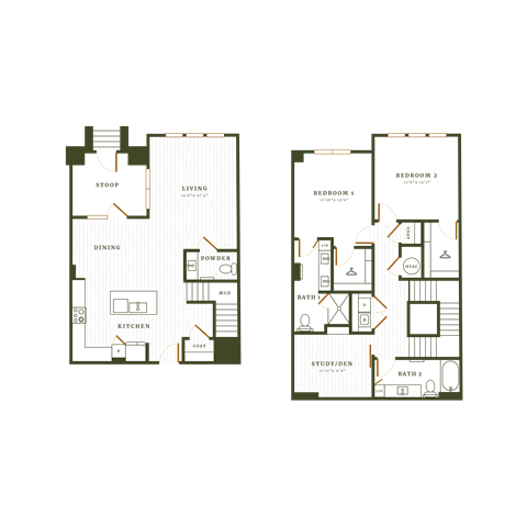 Floor plan for 2 beds, 2.5 baths, 1710 sqft