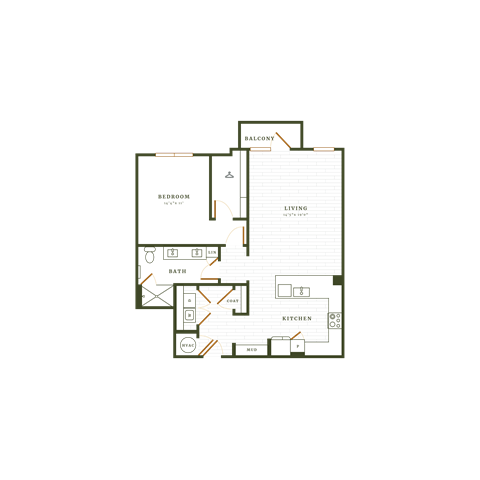Floor plan for 1 bed, 1 bath, 988 sqft