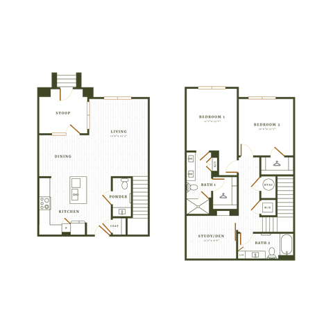 Floor plan for 2 beds, 2.5 baths, 1529 sqft