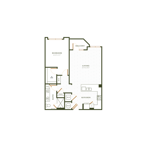 Floor plan for 1 bed, 1 bath, 933 sqft