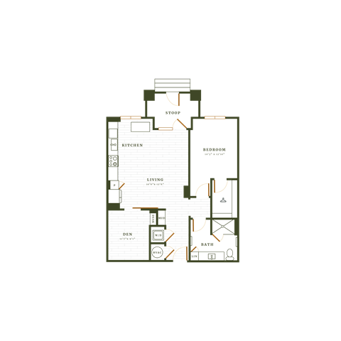 Floor plan for 1 bed, 1 bath, 940 sqft