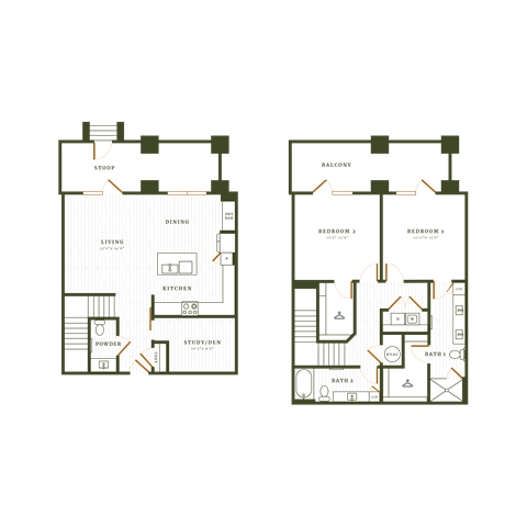 Floor plan for 2 beds, 2.5 baths, 1710 sqft