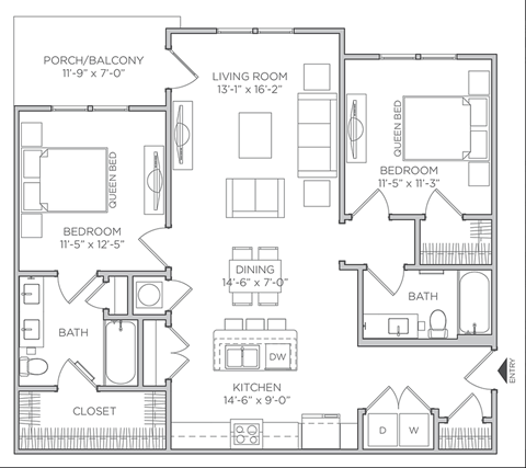 Floor plan for 2 beds, 2 baths, 1085 sqft