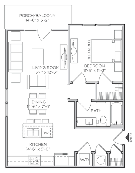 Floor plan for 1 bed, 1 bath, 737 sqft