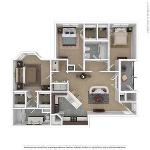 Floor plan for 3 beds, 2 baths, 1330 sqft