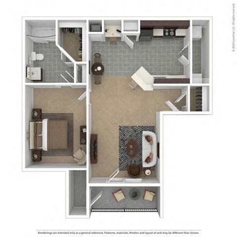 Floor plan for 1 bed, 1 bath, 661 sqft