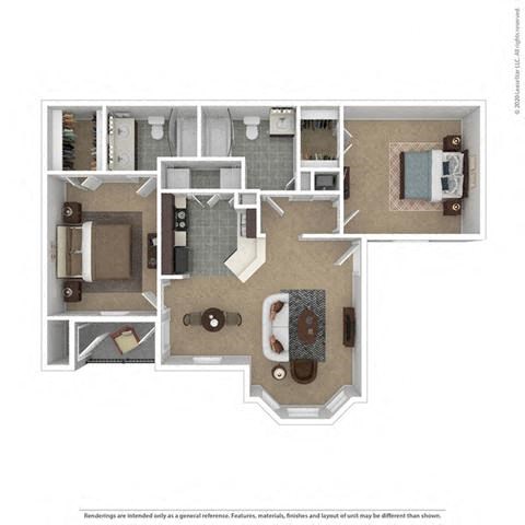 Floor plan for 2 beds, 2 baths, 981 sqft