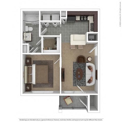 Floor plan for 1 bed, 1 bath, 576 sqft