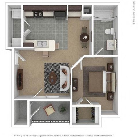 Floor plan for 1 bed, 1 bath, 507 sqft