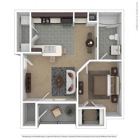 Floor plan for 1 bed, 1 bath, 527 sqft