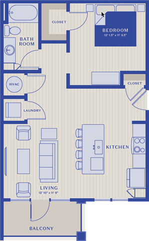 Floor plan for studio, 1 bath, 745 sqft