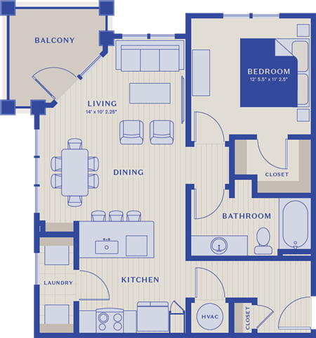Floor plan for 1 bed, 1 bath, 800 sqft