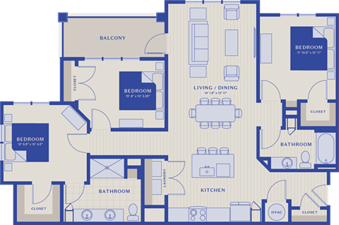 Floor plan for 3 beds, 2 baths, 1389 sqft