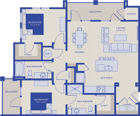 Floor plan for 2 beds, 2 baths, 1167 sqft