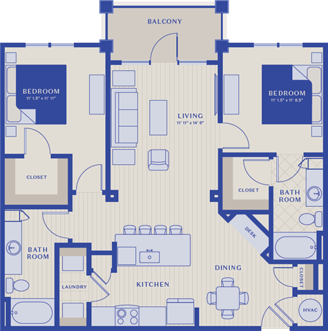 Floor plan for 2 beds, 2 baths, 1103 sqft