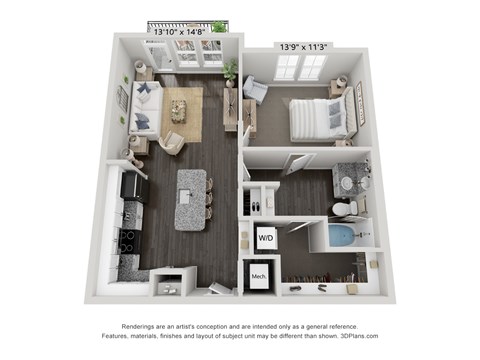 Floor plan for 1 bed, 1 bath, 763 sqft