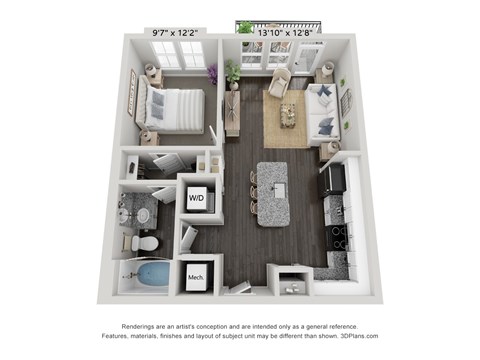 Floor plan for 1 bed, 1 bath, 763 sqft