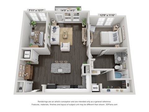Floor plan for 1 bed, 1 bath, 999 sqft