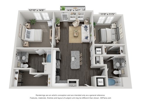 Floor plan for 2 beds, 2 baths, 1086 sqft