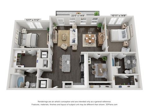 Floor plan for 2 beds, 2 baths, 1311 sqft