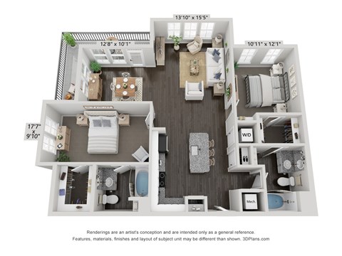 Floor plan for 2 beds, 2 baths, 1252 sqft