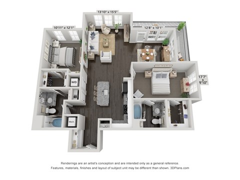 Floor plan for 2 beds, 2 baths, 1224 sqft