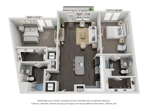 Floor plan for 2 beds, 2 baths, 1224 sqft