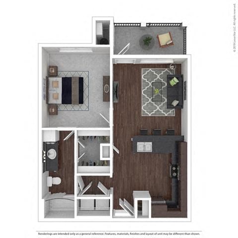 Floor plan for 1 bed, 1 bath, 715 sqft