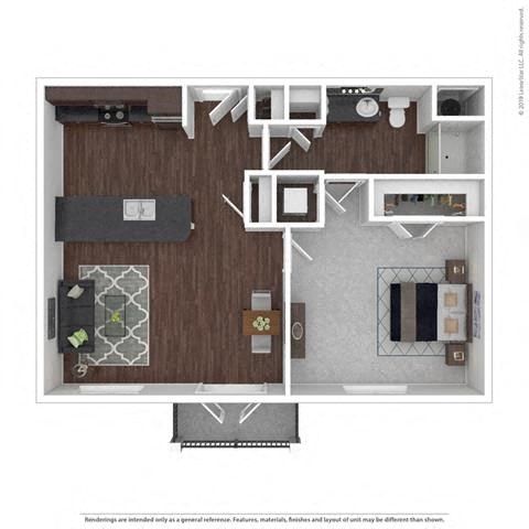 Floor plan for 1 bed, 1 bath, 671 sqft